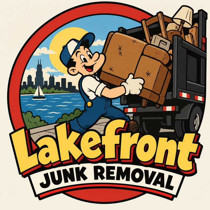 Lakefront Junk Removal: a mover loading an old couch onto a junk truck by the lake